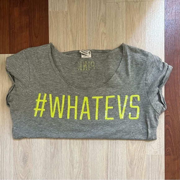PINK Victoria’s Secret~T-Shirt~Size M~Graphic #WHATEVS~Grey/Yellow - Picture 7 of 9